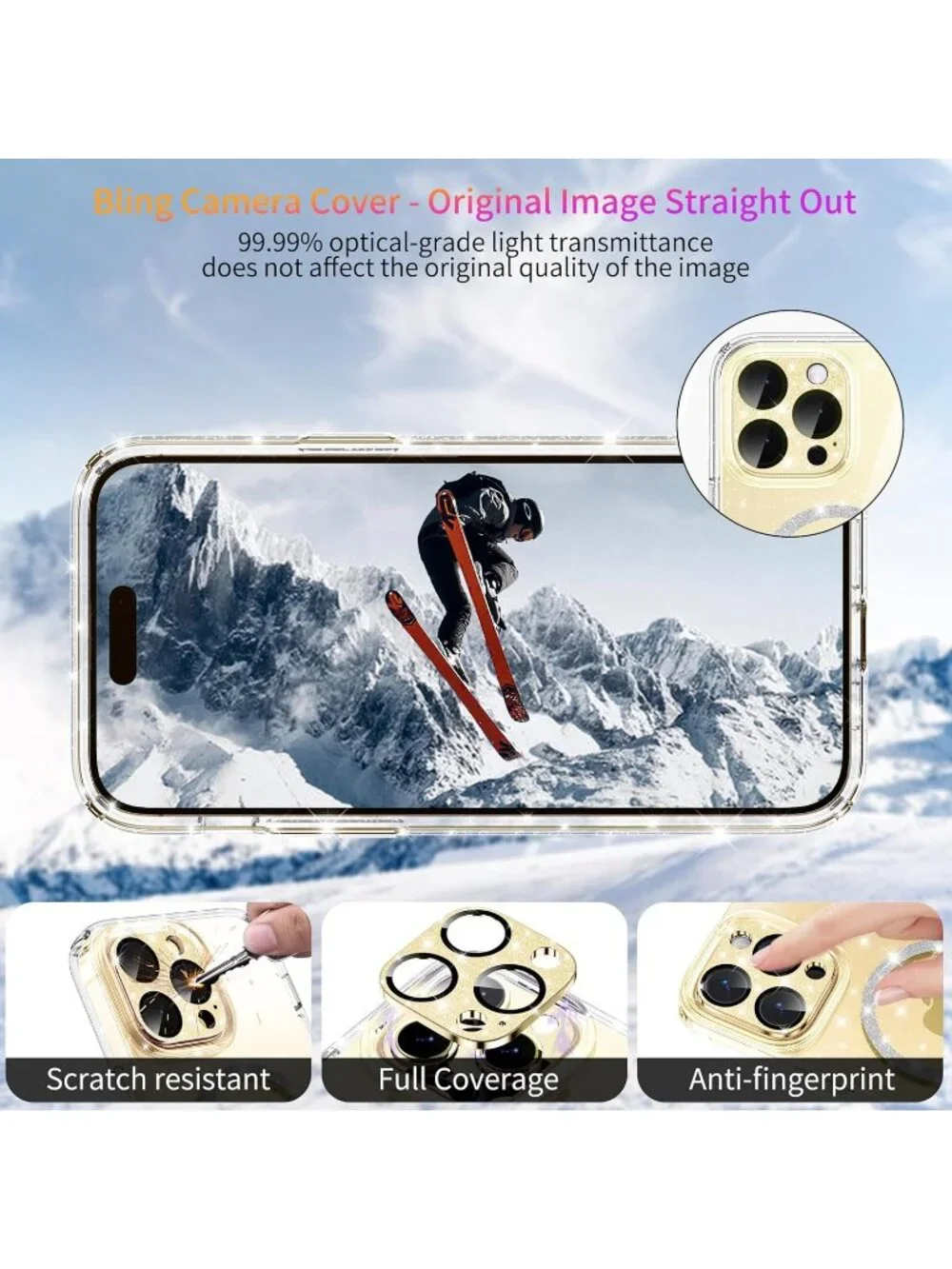Glitter Clear Case for iPhone 14 Pro Max w/ Bling Camera Lens Protector, Non‑Yel